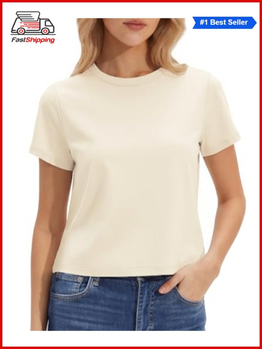 Women Cotton Blend Boxy Cropped Crewneck T-Shirt Short Sleeve Basic Tee